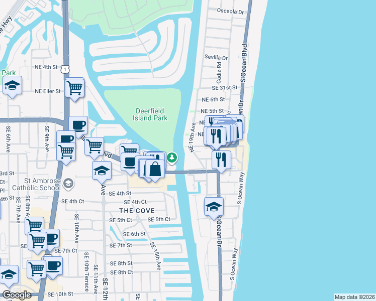 map of restaurants, bars, coffee shops, grocery stores, and more near 120 Northeast 19th Avenue in Deerfield Beach