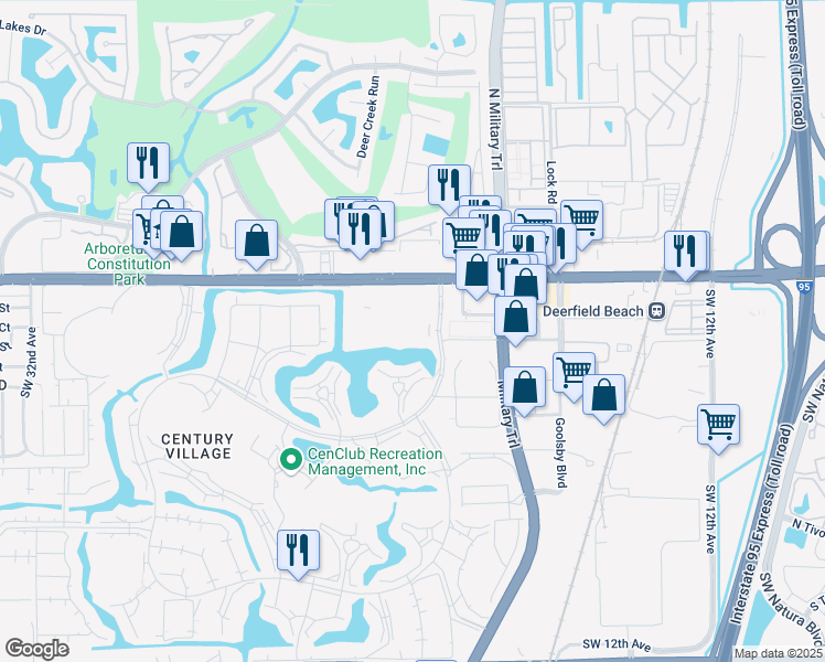 map of restaurants, bars, coffee shops, grocery stores, and more near 189 Westbury Circle in Deerfield Beach