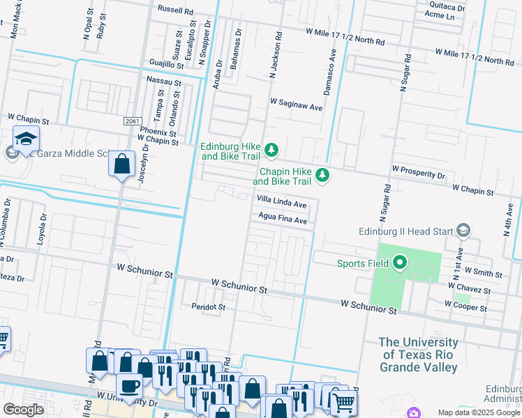 map of restaurants, bars, coffee shops, grocery stores, and more near 2023 Agua Fina Avenue in Edinburg
