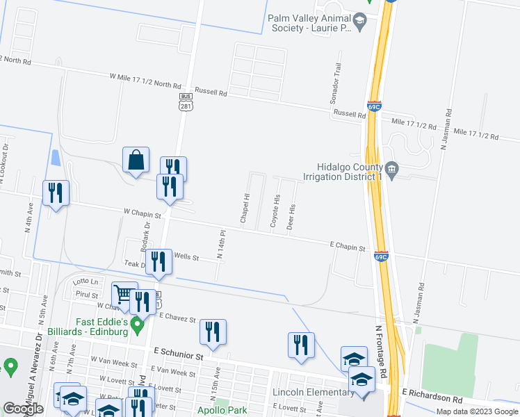 map of restaurants, bars, coffee shops, grocery stores, and more near North Strawberry Hill in Edinburg