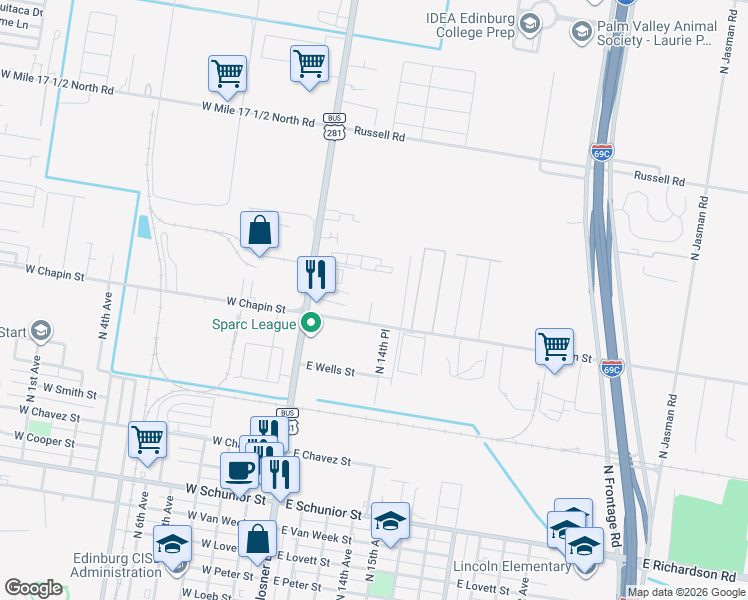 map of restaurants, bars, coffee shops, grocery stores, and more near 147 East Chapin Street in Edinburg