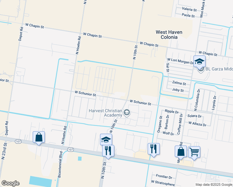 map of restaurants, bars, coffee shops, grocery stores, and more near 4419 West Schunior Street in Edinburg