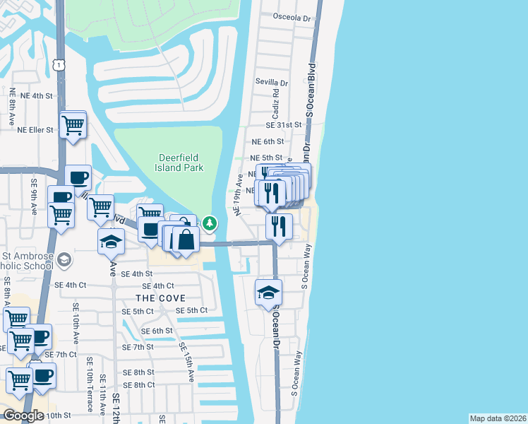 map of restaurants, bars, coffee shops, grocery stores, and more near 1926 Northeast 2nd Street in Deerfield Beach