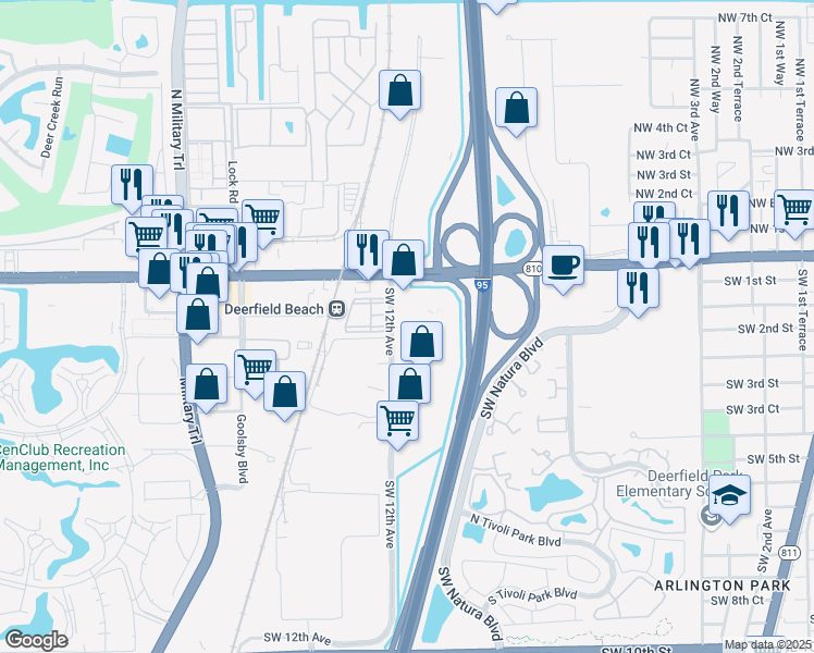 map of restaurants, bars, coffee shops, grocery stores, and more near 100 Southwest 12th Avenue in Deerfield Beach