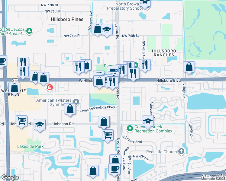 map of restaurants, bars, coffee shops, grocery stores, and more near 4660 West Hillsboro Boulevard in Coconut Creek