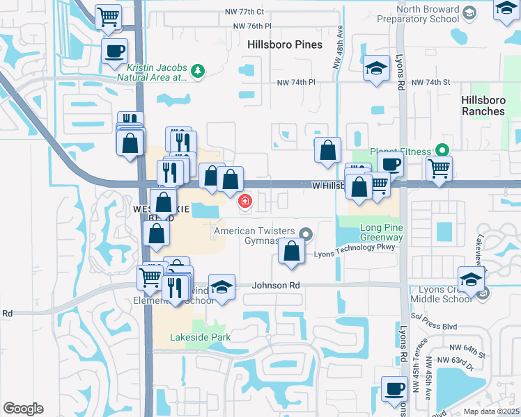 map of restaurants, bars, coffee shops, grocery stores, and more near 5350 West Hillsboro Boulevard in Coconut Creek