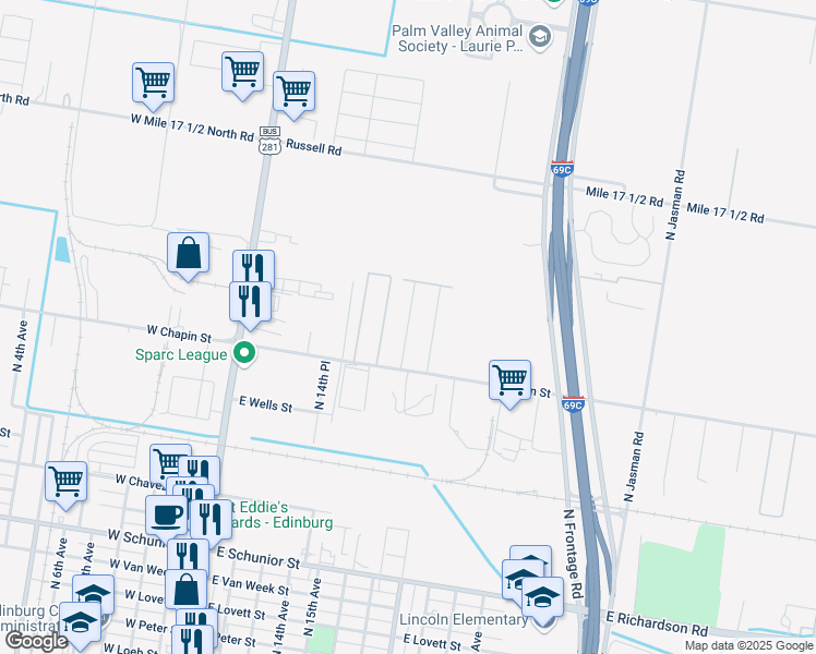 map of restaurants, bars, coffee shops, grocery stores, and more near Coyote Hills in Edinburg