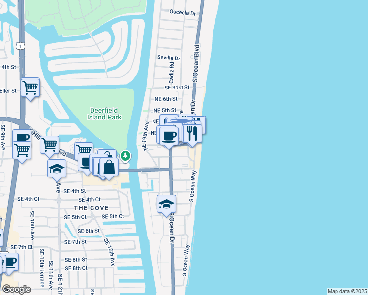 map of restaurants, bars, coffee shops, grocery stores, and more near 2096 Northeast 2nd Street in Deerfield Beach