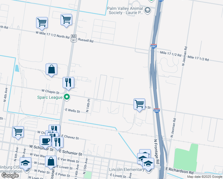 map of restaurants, bars, coffee shops, grocery stores, and more near 1602 Coyote Hills in Edinburg