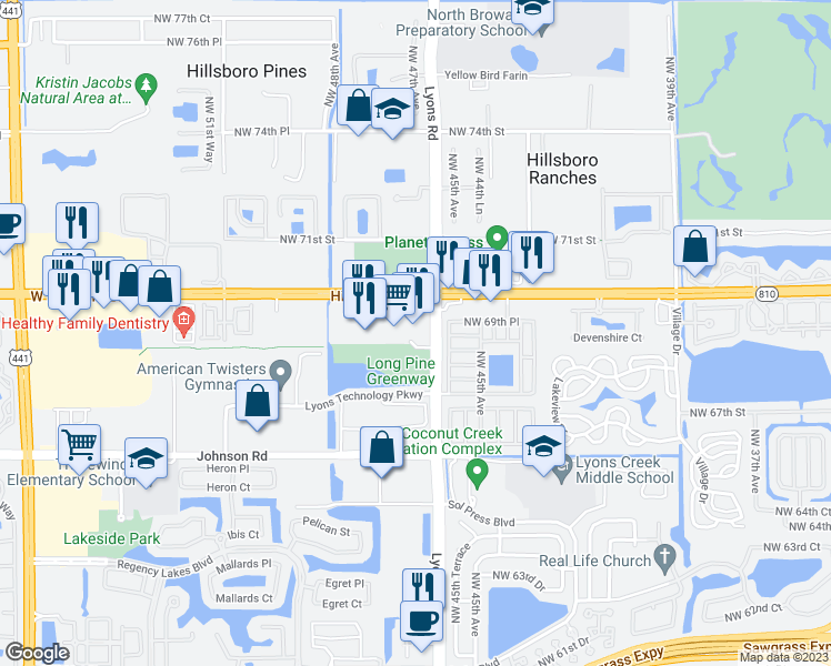 map of restaurants, bars, coffee shops, grocery stores, and more near 4660 West Hillsboro Boulevard in Coconut Creek