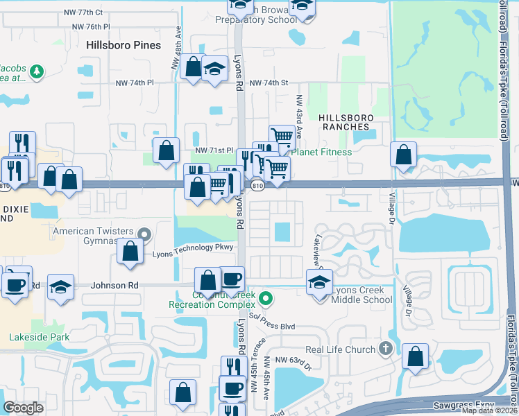 map of restaurants, bars, coffee shops, grocery stores, and more near 4530 Northwest 69th Court in Coconut Creek
