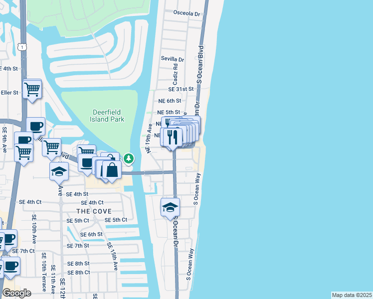 map of restaurants, bars, coffee shops, grocery stores, and more near 2066 Northeast 2nd Street in Deerfield Beach