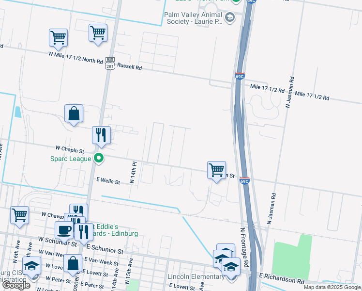 map of restaurants, bars, coffee shops, grocery stores, and more near 1603 Deer Hills in Edinburg