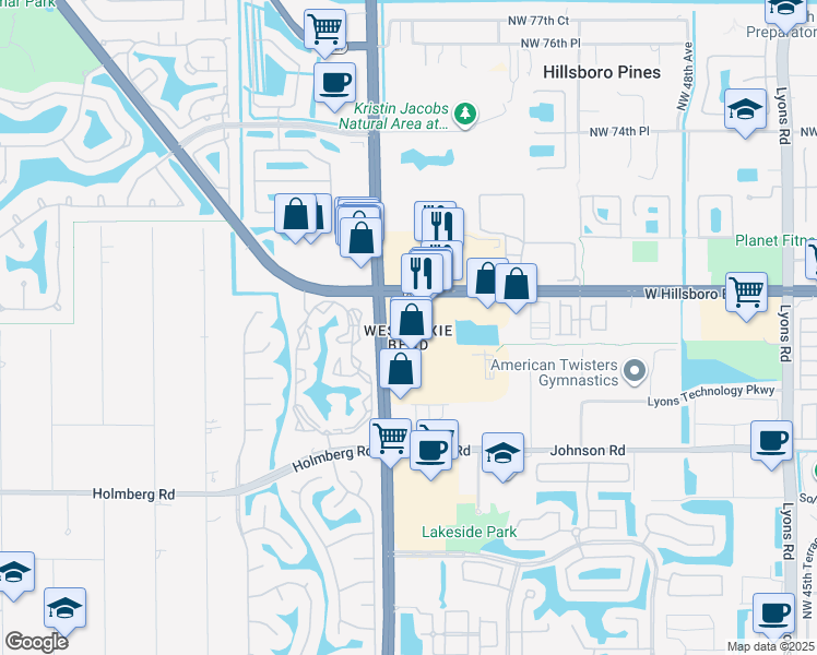 map of restaurants, bars, coffee shops, grocery stores, and more near 6950 North State Road 7 in Coconut Creek