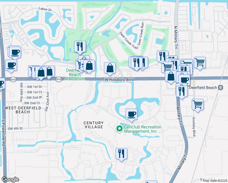 map of restaurants, bars, coffee shops, grocery stores, and more near 416 Durham East in Deerfield Beach
