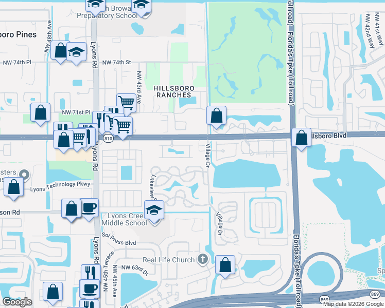 map of restaurants, bars, coffee shops, grocery stores, and more near 3950 Devenshire Court in Coconut Creek