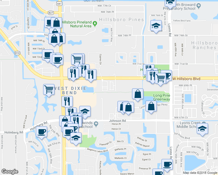 map of restaurants, bars, coffee shops, grocery stores, and more near 5350 West Hillsboro Boulevard in Coconut Creek