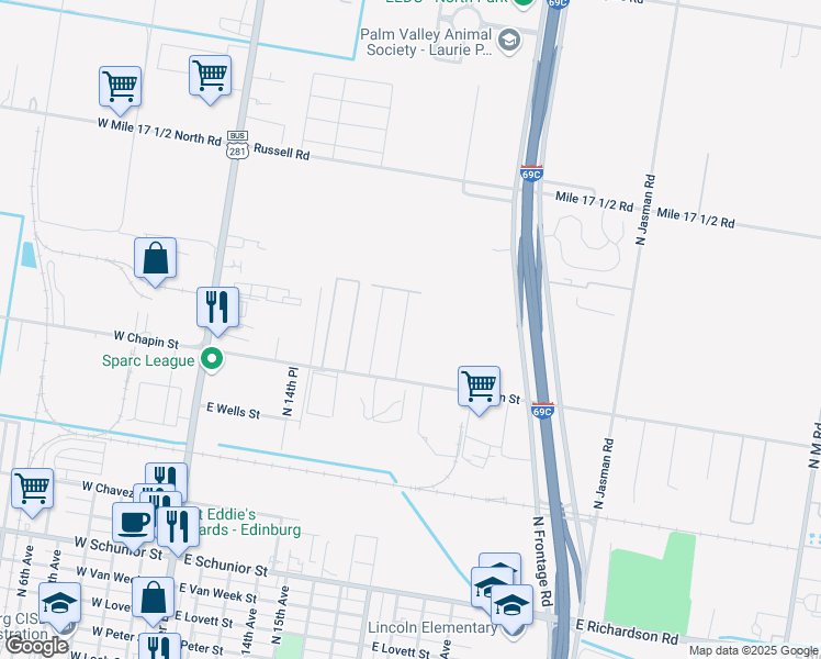 map of restaurants, bars, coffee shops, grocery stores, and more near 1602 Coyote Hills in Edinburg