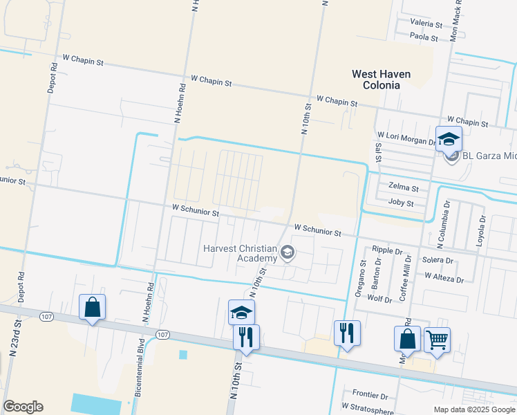 map of restaurants, bars, coffee shops, grocery stores, and more near 4419 West Schunior Street in Edinburg