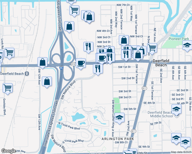 map of restaurants, bars, coffee shops, grocery stores, and more near 445 Southwest 2nd Street in Deerfield Beach