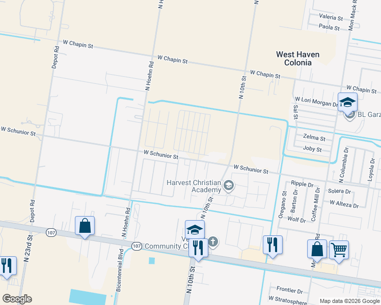 map of restaurants, bars, coffee shops, grocery stores, and more near 4622 West Schunior Street in Edinburg