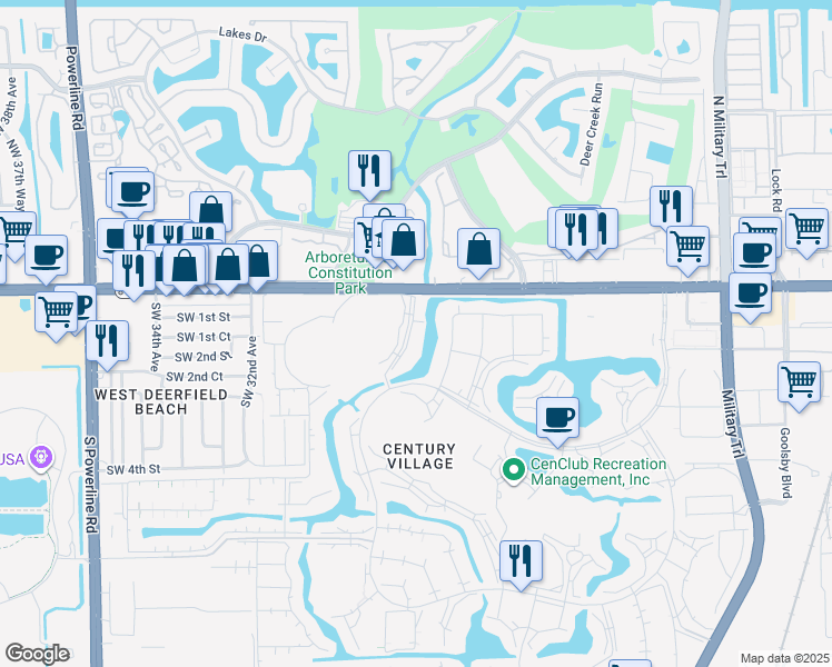 map of restaurants, bars, coffee shops, grocery stores, and more near 201 Ellesmere D in Deerfield Beach