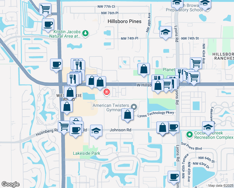 map of restaurants, bars, coffee shops, grocery stores, and more near 6985 Pines Circle in Coconut Creek