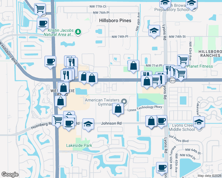 map of restaurants, bars, coffee shops, grocery stores, and more near 6993 Pines Circle in Coconut Creek