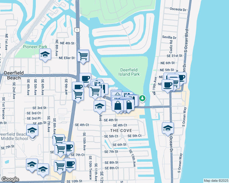 map of restaurants, bars, coffee shops, grocery stores, and more near 1537 East Hillsboro Boulevard in Deerfield Beach