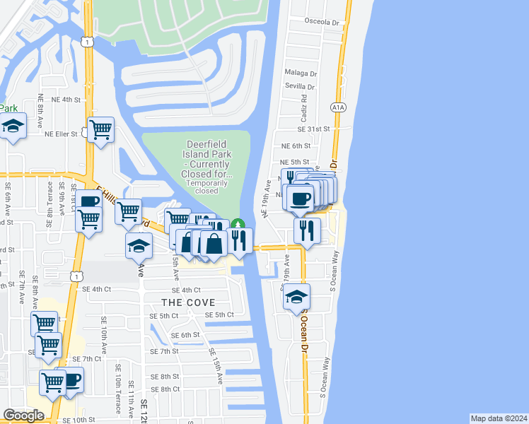 map of restaurants, bars, coffee shops, grocery stores, and more near 120 Northeast 19th Avenue in Deerfield Beach