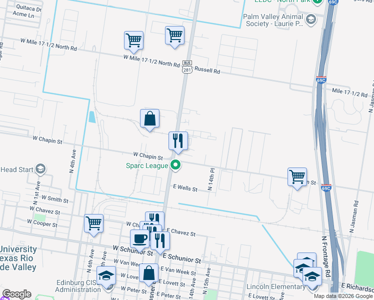 map of restaurants, bars, coffee shops, grocery stores, and more near 113 East Chapin Street in Edinburg