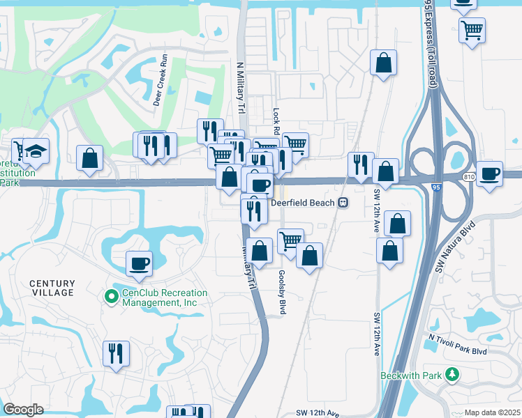 map of restaurants, bars, coffee shops, grocery stores, and more near 100 South Military Trail in Deerfield Beach