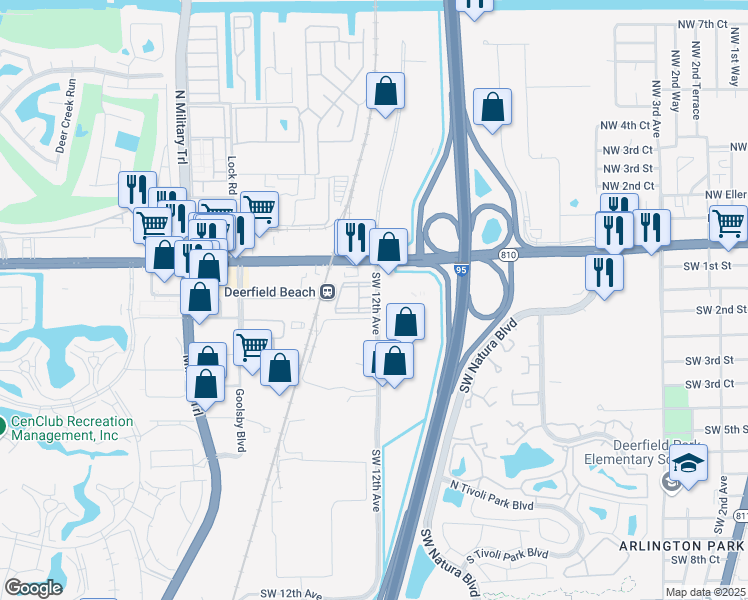 map of restaurants, bars, coffee shops, grocery stores, and more near 100 Southwest 12th Avenue in Deerfield Beach
