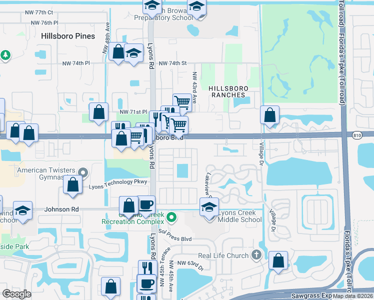 map of restaurants, bars, coffee shops, grocery stores, and more near 6951 Northwest 44th Avenue in Coconut Creek