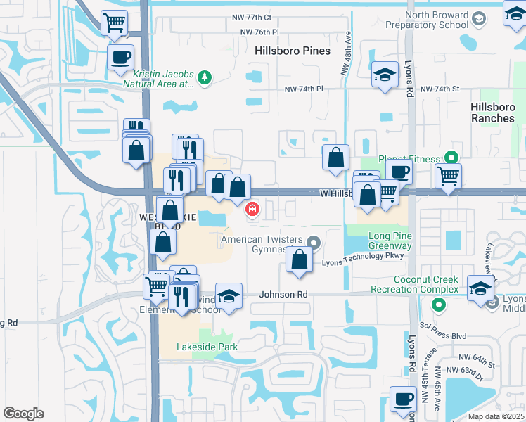 map of restaurants, bars, coffee shops, grocery stores, and more near 5350 West Hillsboro Boulevard in Coconut Creek