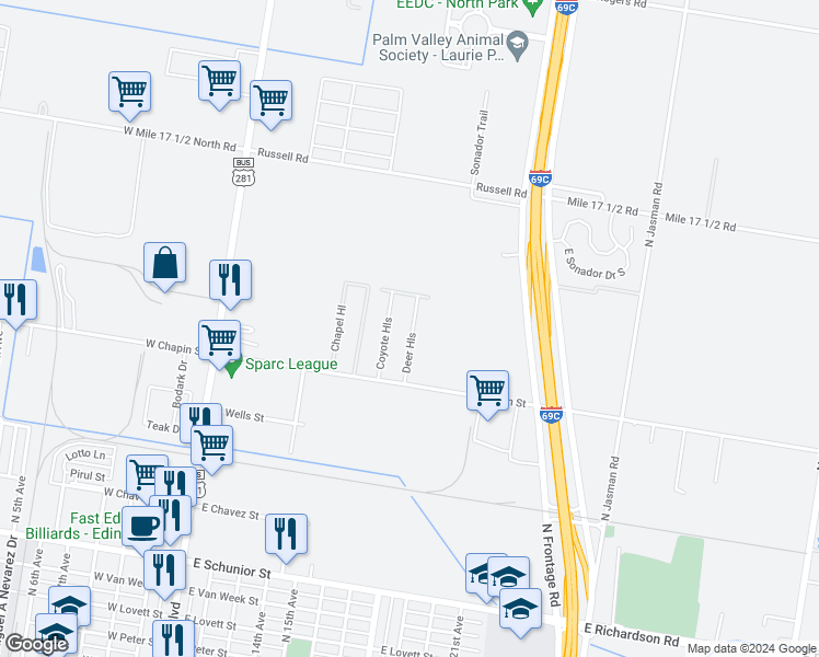 map of restaurants, bars, coffee shops, grocery stores, and more near 1602 Coyote Hills in Edinburg