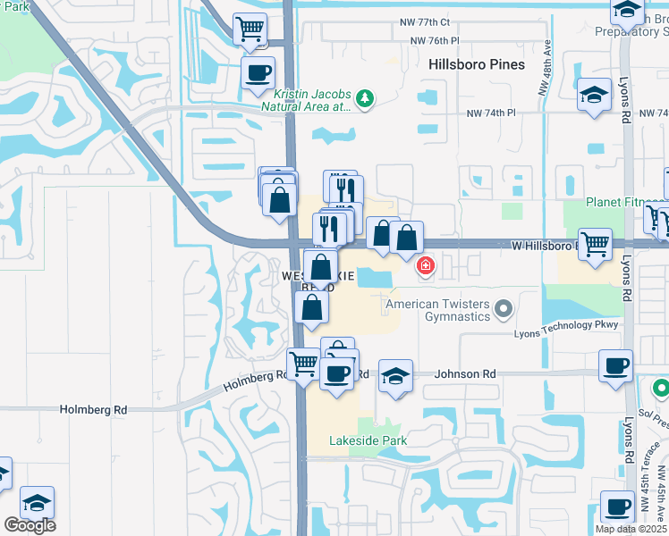 map of restaurants, bars, coffee shops, grocery stores, and more near 6950 North State Road 7 in Coconut Creek