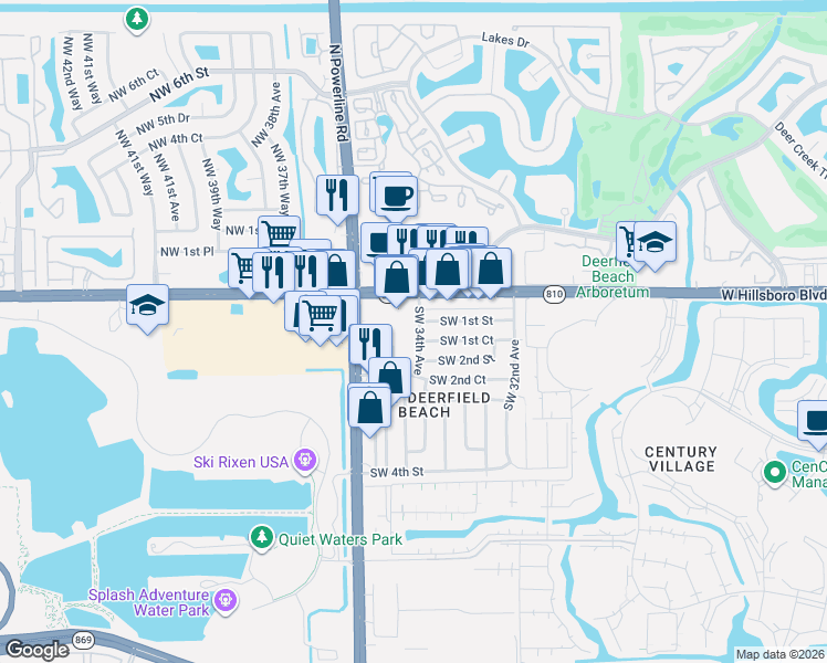 map of restaurants, bars, coffee shops, grocery stores, and more near 150 South Powerline Road in Deerfield Beach