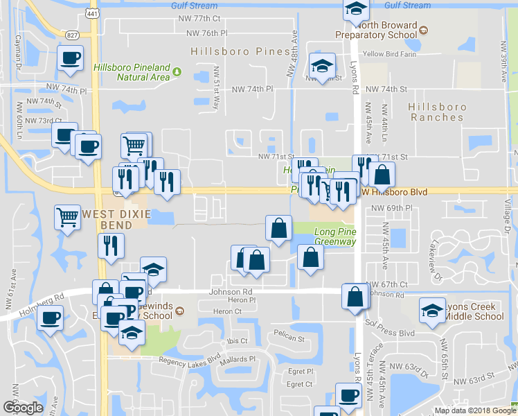 map of restaurants, bars, coffee shops, grocery stores, and more near 5100 West Hillsboro Boulevard in Coconut Creek