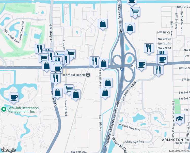 map of restaurants, bars, coffee shops, grocery stores, and more near 67 Southwest 12th Avenue in Deerfield Beach