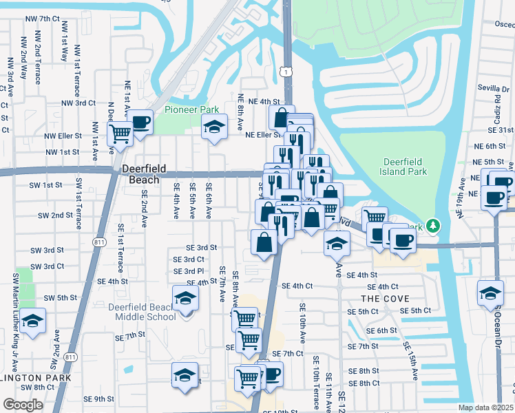 map of restaurants, bars, coffee shops, grocery stores, and more near 225 Southeast 9th Avenue in Deerfield Beach