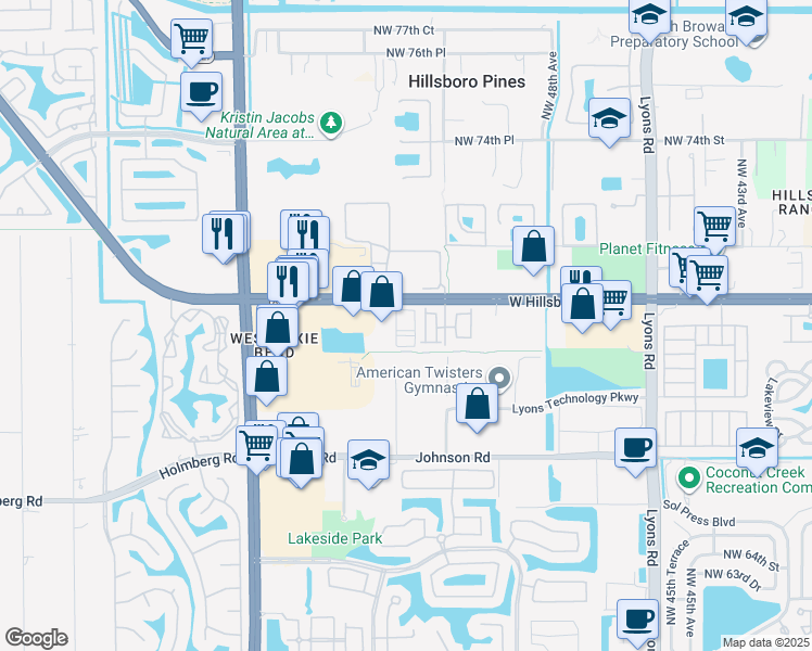 map of restaurants, bars, coffee shops, grocery stores, and more near 5350 West Hillsboro Boulevard in Coconut Creek
