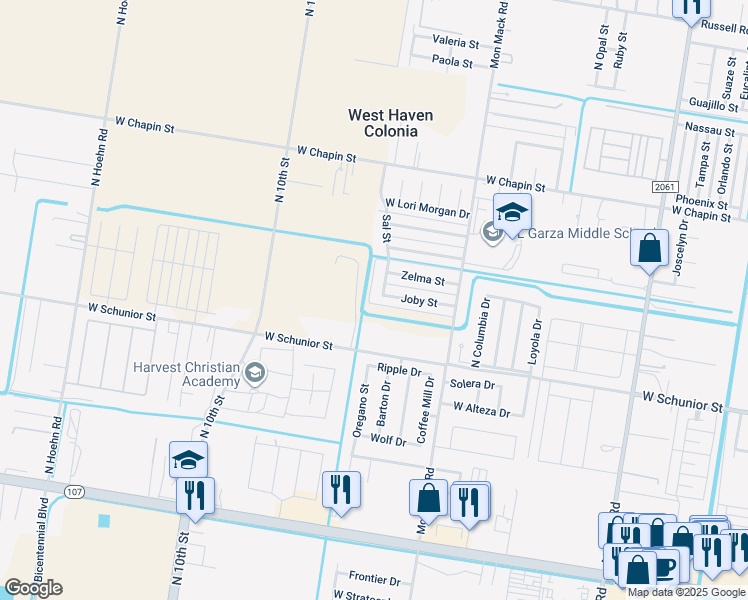 map of restaurants, bars, coffee shops, grocery stores, and more near 3814 Joby Street in Edinburg