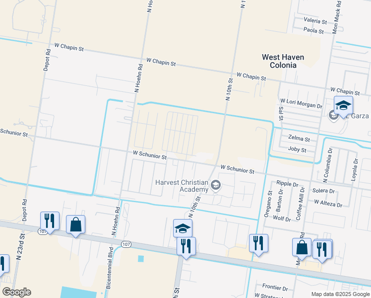 map of restaurants, bars, coffee shops, grocery stores, and more near 4622 West Schunior Street in Edinburg