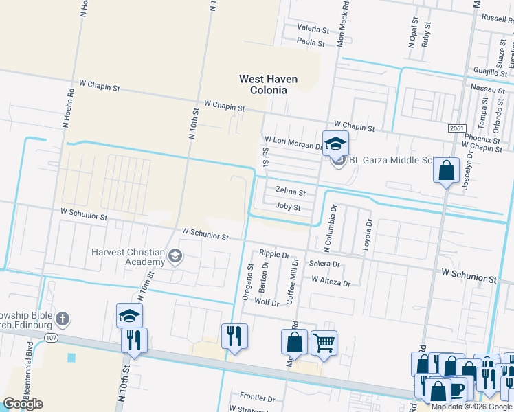 map of restaurants, bars, coffee shops, grocery stores, and more near 3814 Joby Street in Edinburg