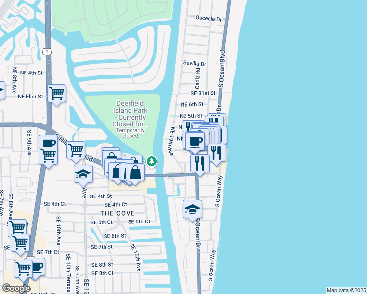 map of restaurants, bars, coffee shops, grocery stores, and more near 1931 Northeast 2nd Street in Deerfield Beach