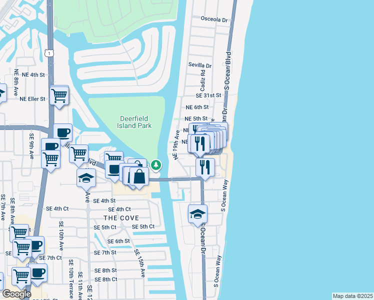 map of restaurants, bars, coffee shops, grocery stores, and more near 1926 Northeast 2nd Street in Deerfield Beach