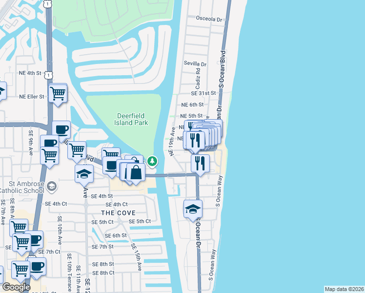 map of restaurants, bars, coffee shops, grocery stores, and more near 1926 Northeast 2nd Street in Deerfield Beach