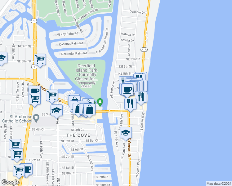 map of restaurants, bars, coffee shops, grocery stores, and more near 1926 Northeast 2nd Street in Deerfield Beach