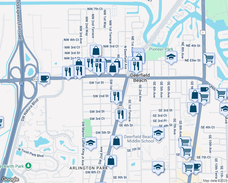 map of restaurants, bars, coffee shops, grocery stores, and more near 108 Southwest 2nd Street in Deerfield Beach